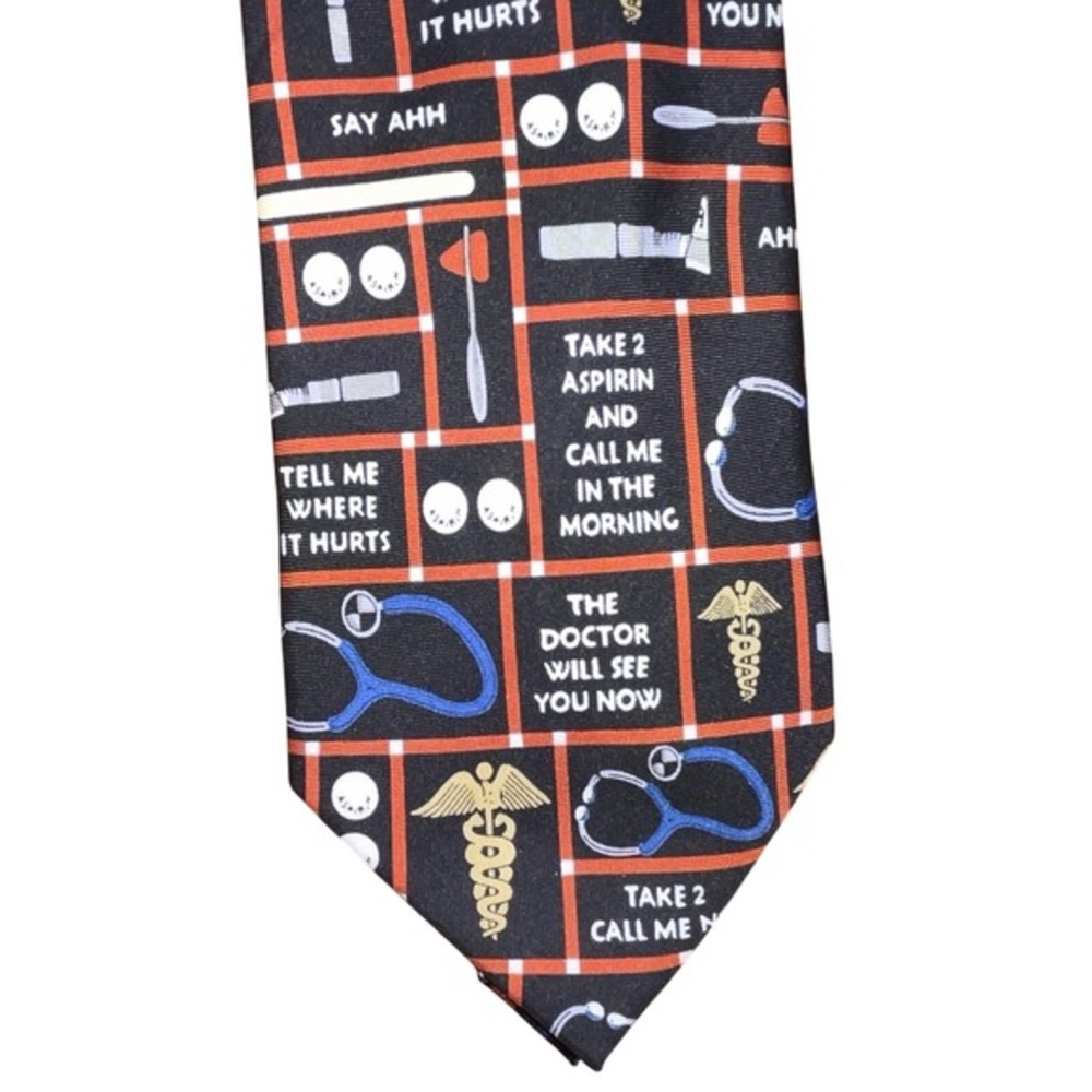 Museum Artifacts Mens Silk Medical Novelty Tie Black Red‎ Stethoscope Aspirin